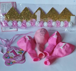 ZESTAW NA ROCZEK DLA DZIEWCZYNKI - KORONA, BALONY, KOTYLIONY
