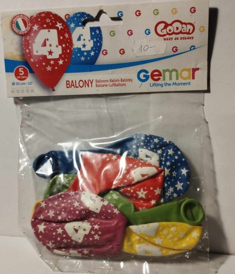 GEMAR - LATEKSOWE BALONY URODZINOWE Z CYFRĄ 4. ROZMIAR 12`` (30cm), kpl. 5 szt. GEMAR - LATEKSOWE BALONY URODZINOWE Z CYFRĄ 4. ROZMIAR 12`` (30cm), kpl. 5 szt.