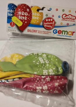 GEMAR - BALONY URODZINOWE Z NADRUKIEM STO LAT, 5 szt. BALONY NA HEL, 13``