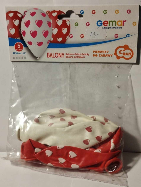 WALENTYNKOWE BALONY LATEKSOWE BALONY GEMAR W SERDUSZKA. ROZM. 12`` (30cm), 5 sztuk WALENTYNKOWE BALONY LATEKSOWE BALONY GEMAR W SERDUSZKA. ROZM. 12`` (30cm), 5 sztuk